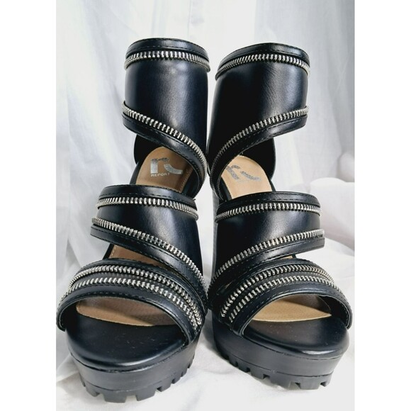 Report Gael Black Zipper Faux Leather Strappy Chunky Platform Heels  Size 5.5 - Picture 3 of 9